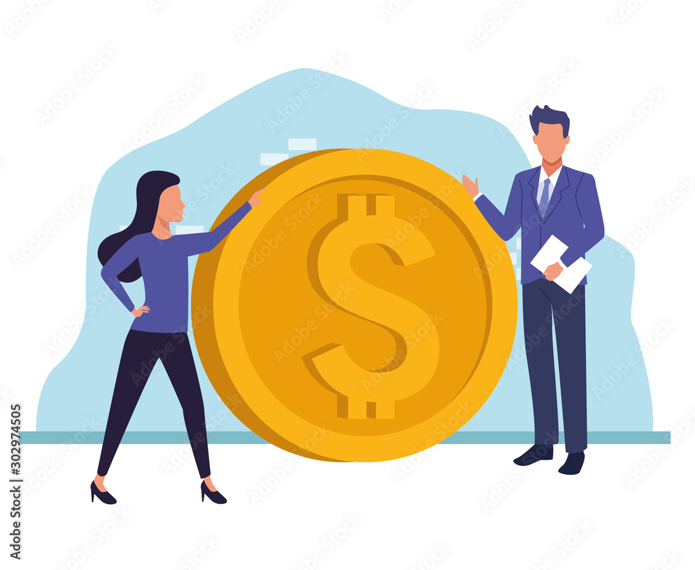 avatar woman and businessman holding a big money coin avatar woman and businessman holding a big money coin