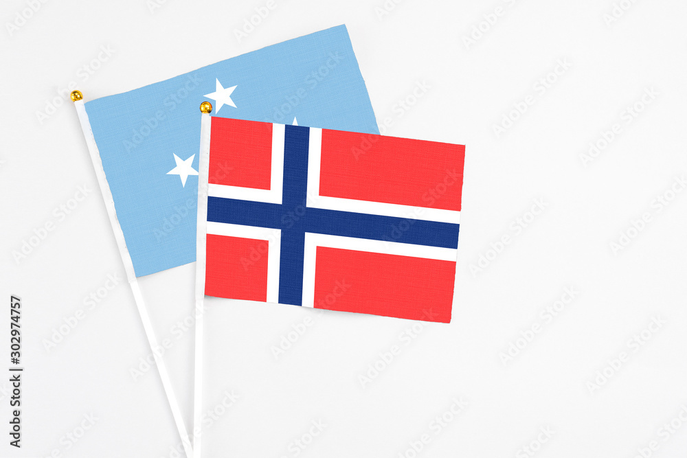 Bouvet Islands and Micronesia stick flags on white background. High quality fabric, miniature national flag. Peaceful global concept.White floor for copy space. Bouvet Islands and Micronesia stick flags on white background. High quality fabric, miniature national flag. Peaceful global concept.White floor for copy space.
