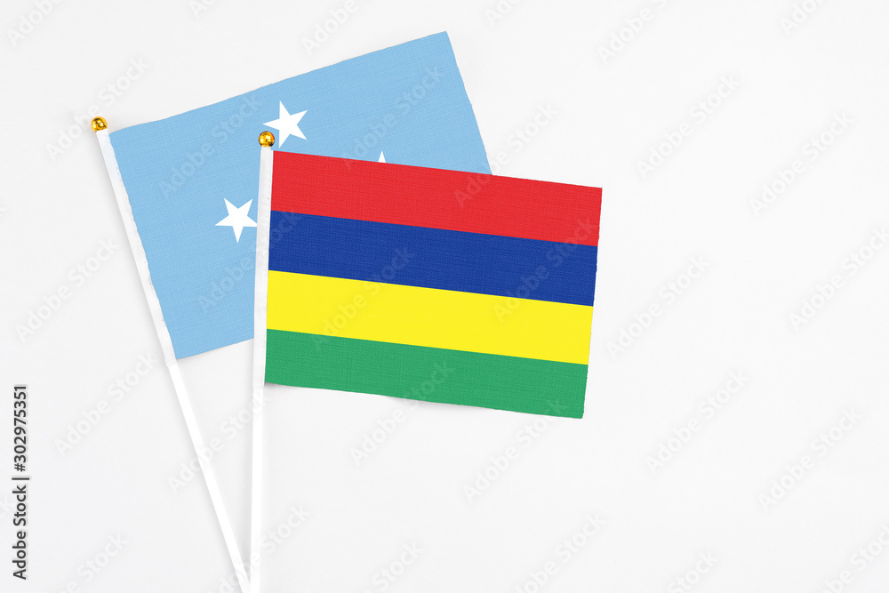 Mauritius and Micronesia stick flags on white background. High quality fabric, miniature national flag. Peaceful global concept.White floor for copy space. Mauritius and Micronesia stick flags on white background. High quality fabric, miniature national flag. Peaceful global concept.White floor for copy space.