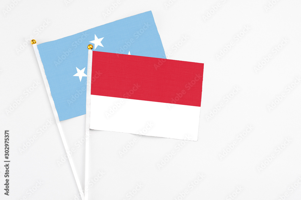 Monaco and Micronesia stick flags on white background. High quality fabric, miniature national flag. Peaceful global concept.White floor for copy space. Monaco and Micronesia stick flags on white background. High quality fabric, miniature national flag. Peaceful global concept.White floor for copy space.