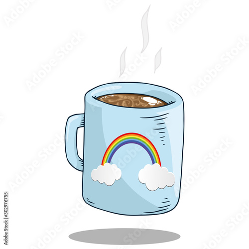 Mug with coffee icon. Vector illustration of a mug with cocoa cappuccino. Hand drawn hot mug with rainbow.