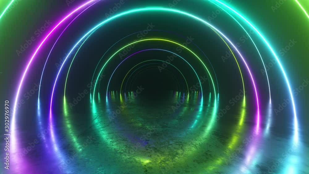 Infinity flight inside tunnel, neon light abstract background, round arcade, portal, rings, circles, virtual reality, modern spectrum, laser show, metal floor reflection. Seamless loop 3d render