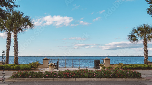 Waterfront benches on Lake Monroe in historic Sanford, a city in the greater Orlando area, Florida