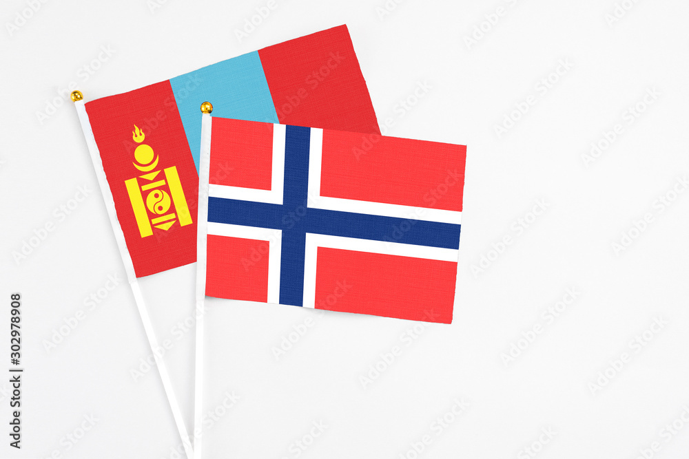 Bouvet Islands and Mongolia stick flags on white background. High quality fabric, miniature national flag. Peaceful global concept.White floor for copy space.