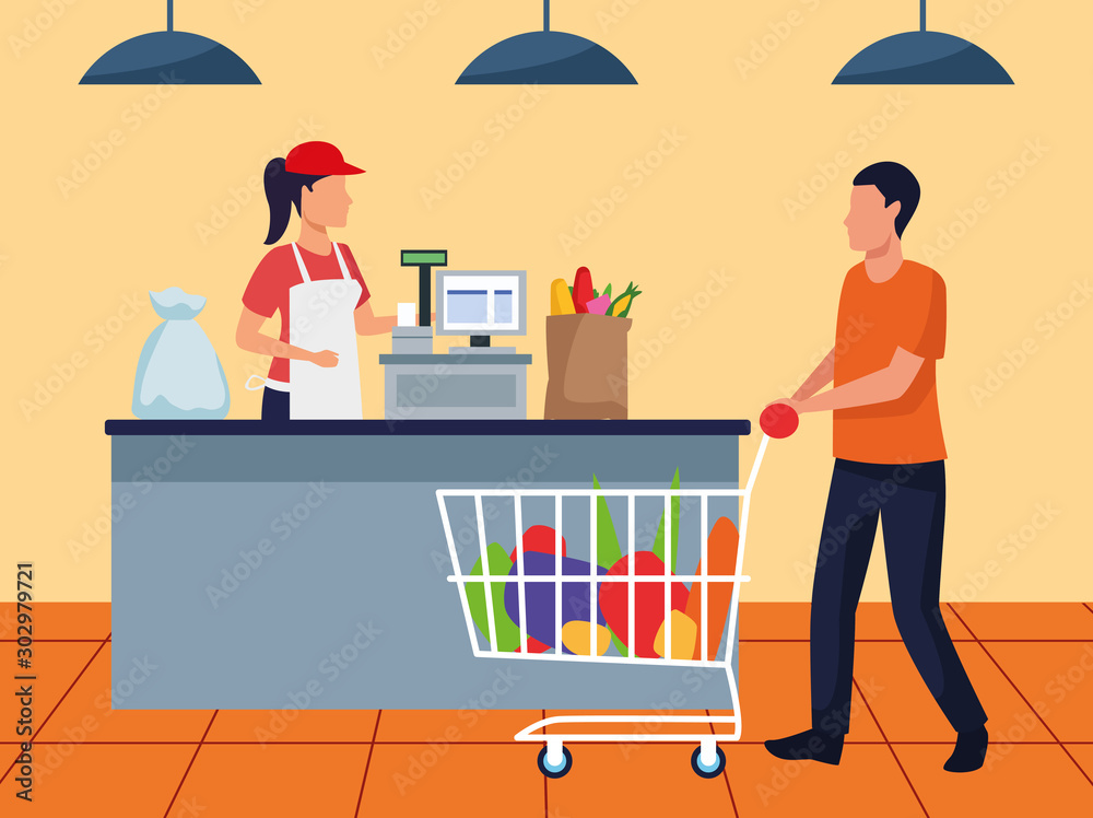 Φωτογραφία avatar man with full supermarket car at cash register, colorful design