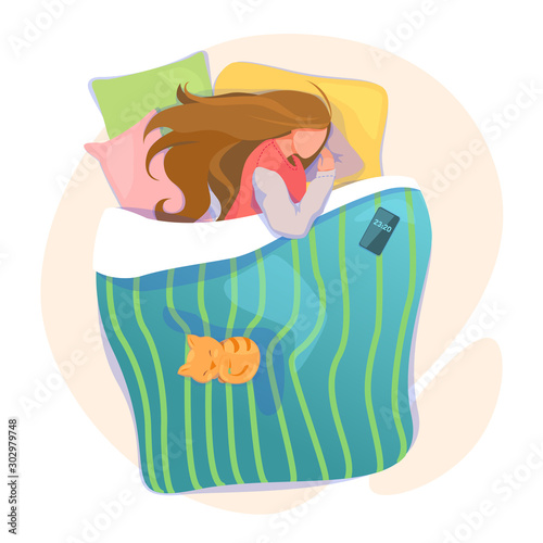 Speeling Woman in bed with phone and cat, cozy bedtime Illustration. Sleep Cycle alarm clock tracker template. Circadian rhythms concept. Good night, sweet dreams. Vector isolated white background.