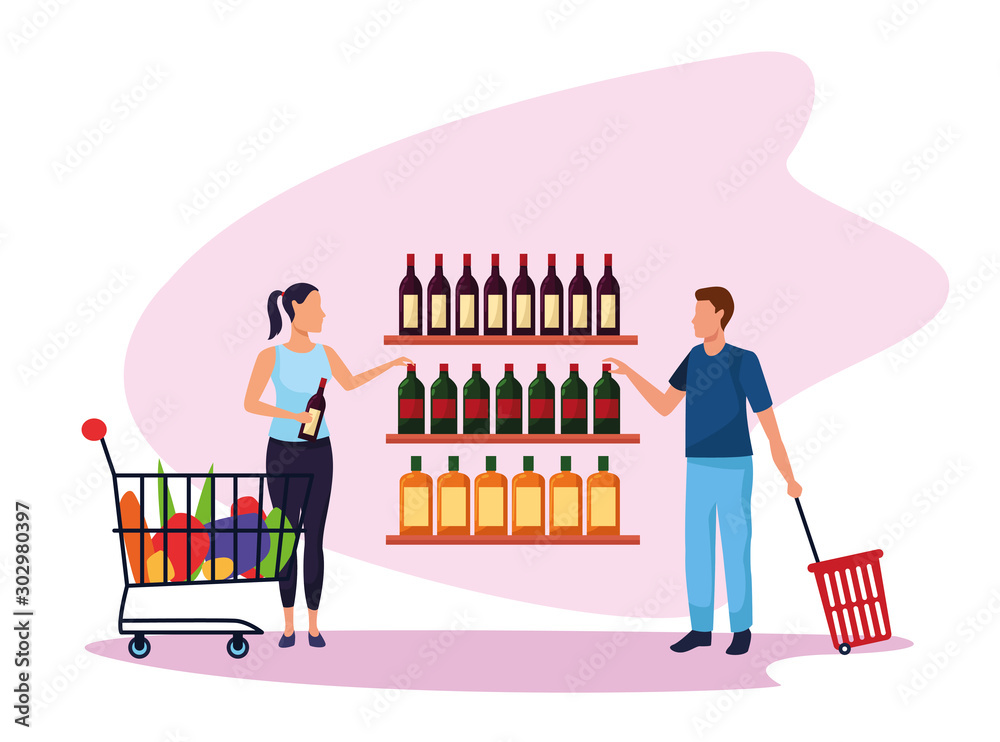 Φωτογραφία avatar woman with supermarket car and man with basket at supermarket stand
