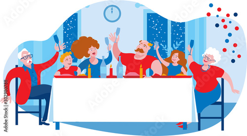 Happy family sitting at the holiday table. Mom, dad, son, daughter, grandfather and grandmother are happy holiday. 