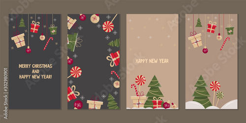 Set of christmas and new year backgrounds for social media stories. Colorful banners with new year elements. Use for event invitation, discount voucher, advertising, greeting card.
