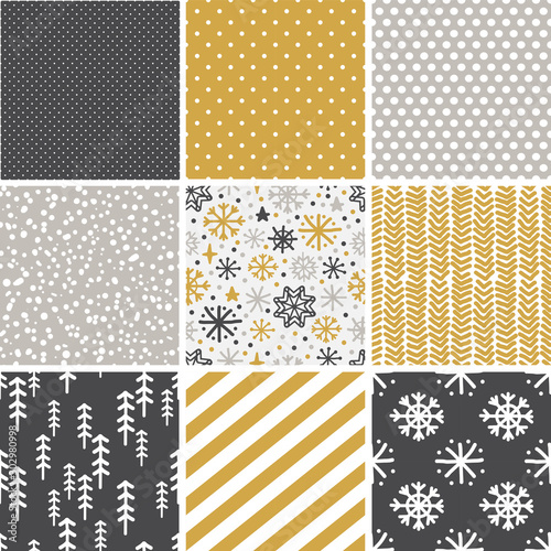 Cute Scandinavian Winter hand drawn seamless patterns set