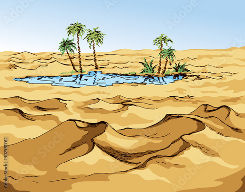 Mirage in the desert. Vector drawing