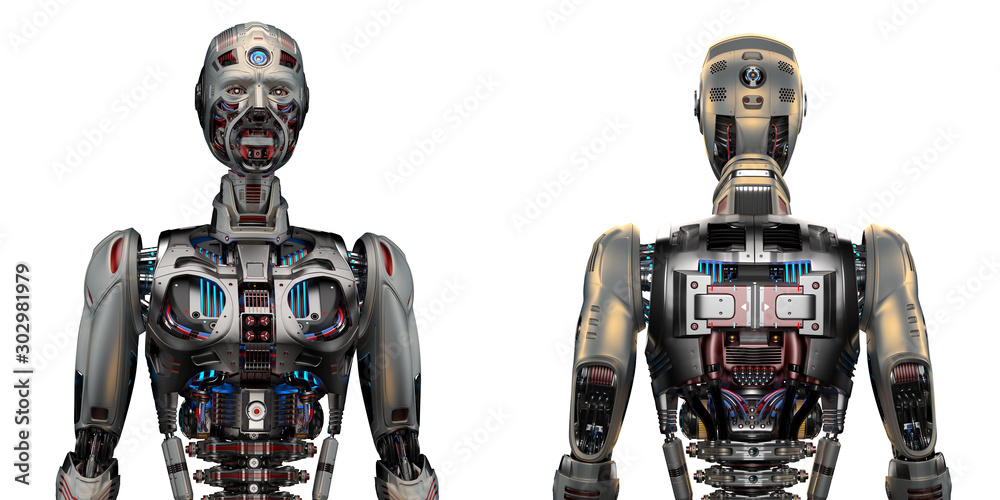 Two very detailed futuristic robots or humanoid cyborgs. Front and back views of the upper body. Isolated on white background. 3d render Two very detailed futuristic robots or humanoid cyborgs. Front and back views of the upper body. Isolated on white background. 3d render
