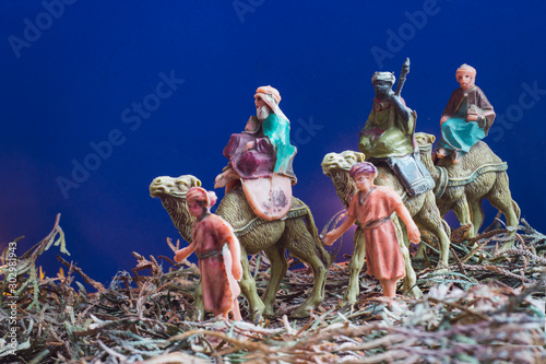 Leinwand Poster Three Wise Men Camel Travel Desert Bethlehem Concept, three magic kings
