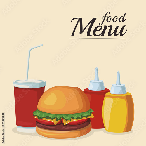 hamburger with sauces bottles and soft drink, colorful design