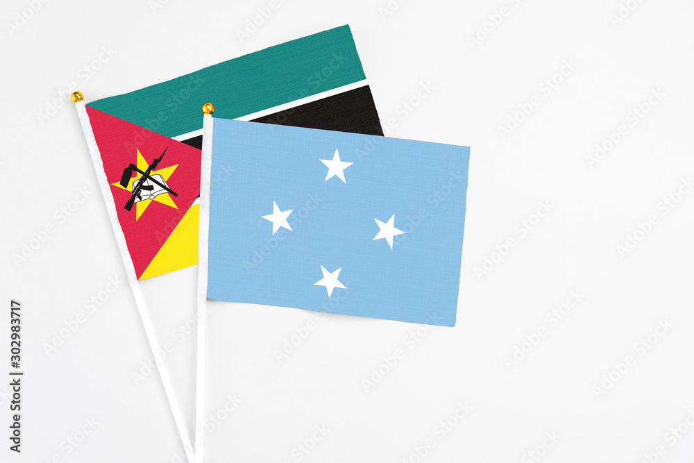 Micronesia and Mozambique stick flags on white background. High quality fabric, miniature national flag. Peaceful global concept.White floor for copy space.