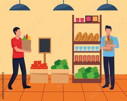 supermarket aisle with shelves and customers holding a supermarket bags