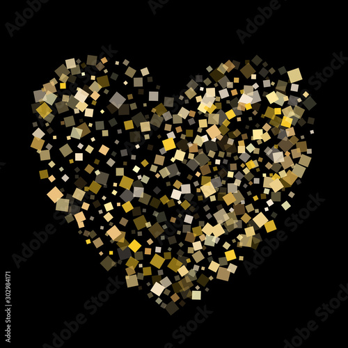 Metalic gold square confetti tinsels scatter on black. Glittering New Year vector sequins background. Gold foil confetti party explosion graphic design. Many pieces surprise backdrop.
