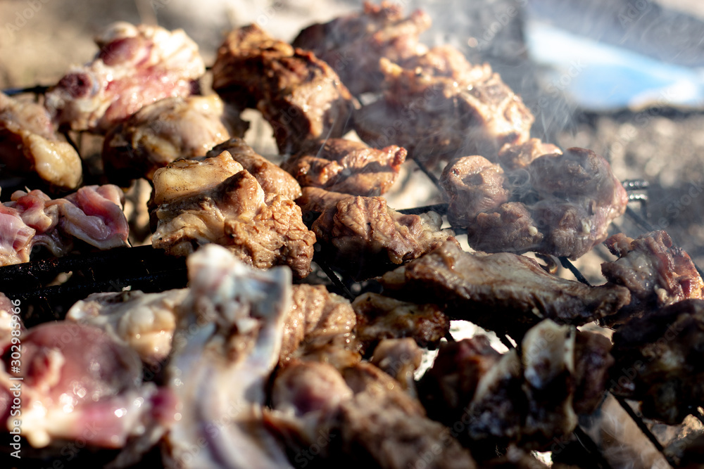 Cooking shish kebabs on the grill on the coals. Appetizing pieces of meat are fried on skewers. Kebabs are fried on coals Cooking shish kebabs on the grill on the coals. Appetizing pieces of meat are fried on skewers. Kebabs are fried on coals