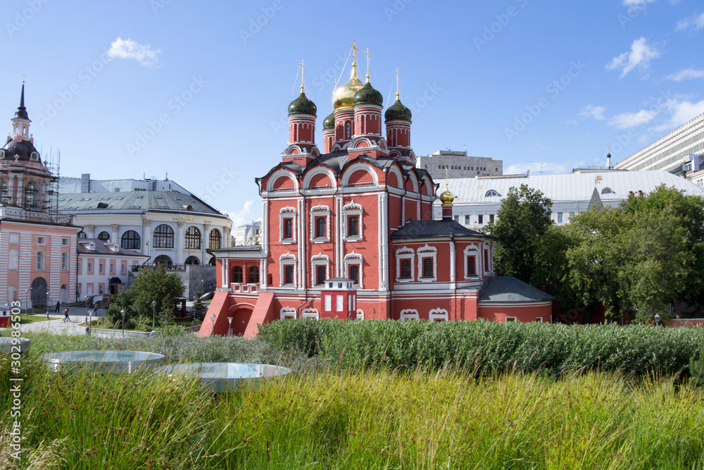 Znamensky Cathedral on Varvarka street on a sunny summer day. View from the Zaryadye park.