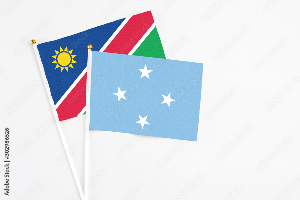 Micronesia and Namibia stick flags on white background. High quality fabric, miniature national flag. Peaceful global concept.White floor for copy space. Micronesia and Namibia stick flags on white background. High quality fabric, miniature national flag. Peaceful global concept.White floor for copy space.