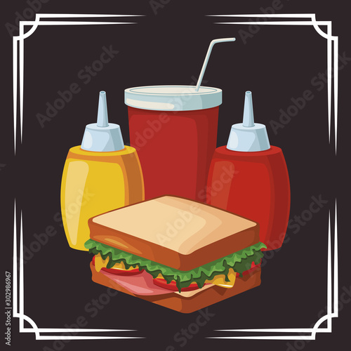 sandwich and sauces bottles and soft drink cup
