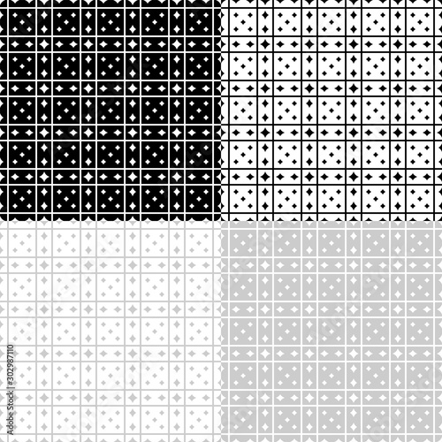 Seamless geometric black, white and gray patterns, transparent background. Appropriate for fabric materials, packing materials, websites. Samples are added to swatches panel.