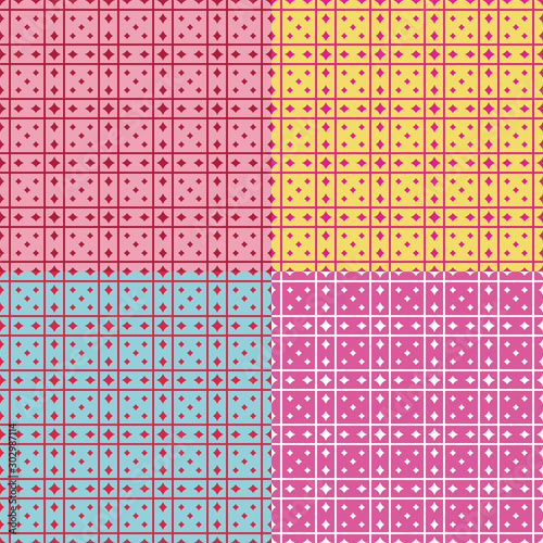 Seamless geometric patterns, trendy colors. Appropriate for fabric materials, packing materials, websites. Samples are added to swatches panel.