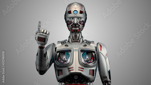 Very detailed futuristic robot or metallic humanoid cyborg showing one finger or number 1. Front view of the upper body isolated on gray background. 3d render