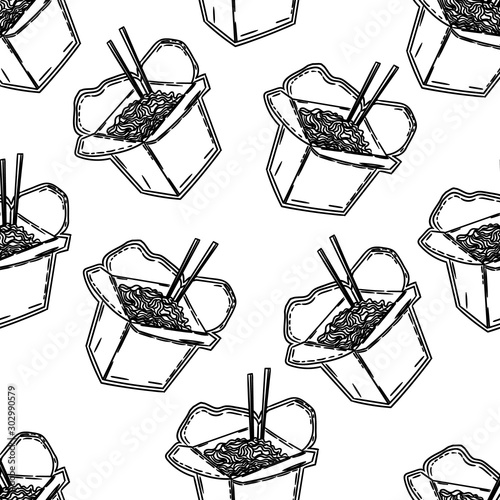 Vector hand drawn seamless pattern of wok noodles on white background