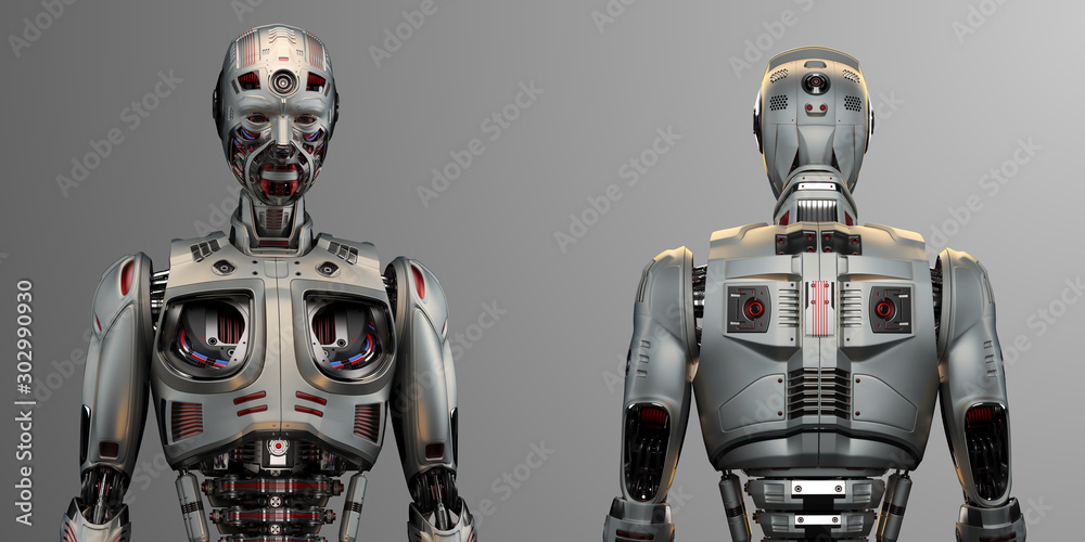 Two very detailed futuristic robots or humanoid cyborgs. Front and back views of the upper body. Isolated on gray background. 3d render Two very detailed futuristic robots or humanoid cyborgs. Front and back views of the upper body. Isolated on gray background. 3d render