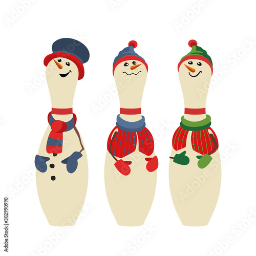 Cute bowling pins snowmen flat color icons