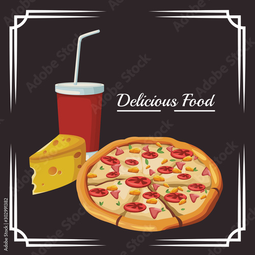 pizza and piece of cheese and soft drink cup