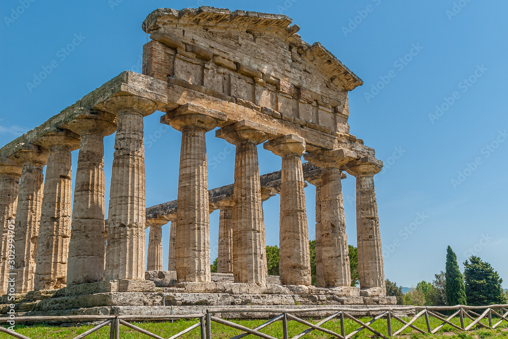 Frontal part of the Temple of Athena, Greek Goddess of wisdom, arts and war, taken in the archaeological area of Paestum