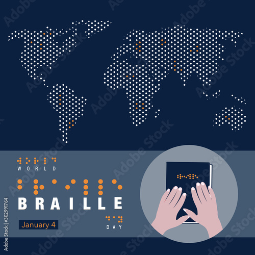 Creative banner/poster/ad/awareness campaign for World Braille Day on January 4. World map in the form of braille alphabets, hand touching the book, written Braille on it. 