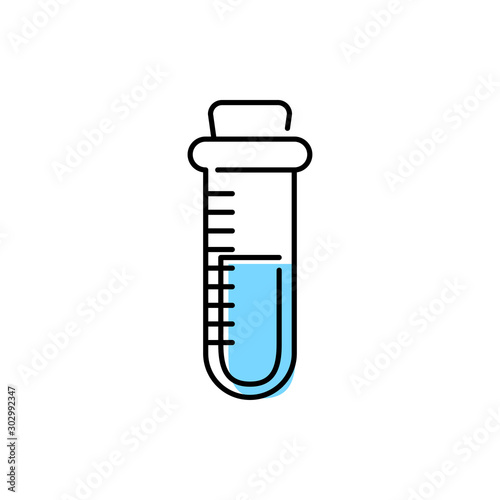 Símbolo laboratorio de química con icono lineal de tubo de ensayo de cristal con color azul