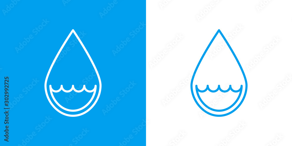 Icono plano lineal gota agua con ondas en fondo azul y fondo blanco Icono plano lineal gota agua con ondas en fondo azul y fondo blanco