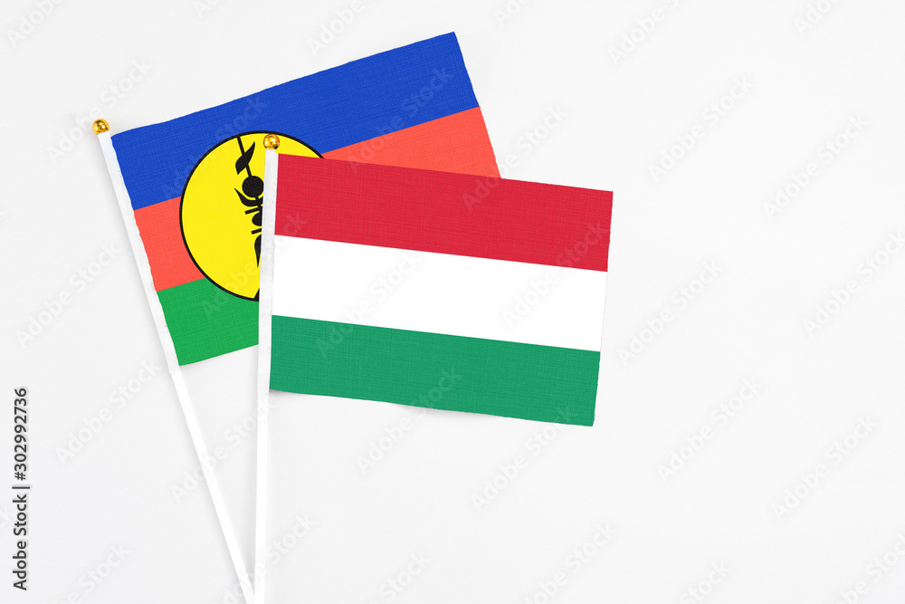 Obraz premium Hungary and New Caledonia stick flags on white background. High quality fabric, miniature national flag. Peaceful global concept.White floor for copy space.