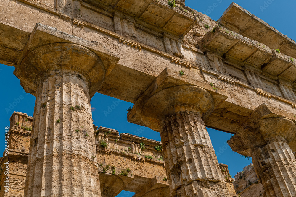 Detail of the columns of the Temple of Neptune, the Greek God of the waters, taken in the archaeological area of Paestum