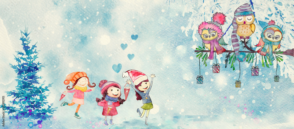 Winter gifts. Watercolor banner for children - obrazy, fototapety, plakaty 