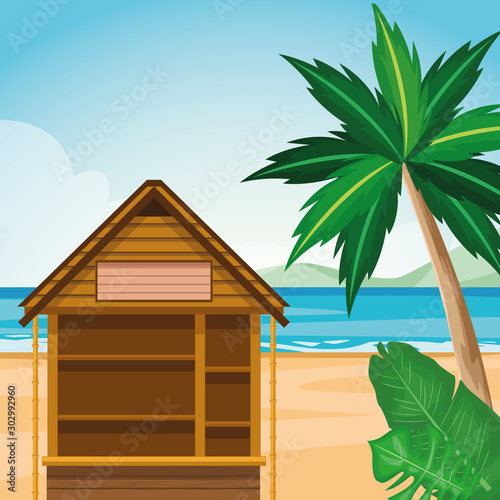 log cabin at the beach landscape with palms and tropical leaves