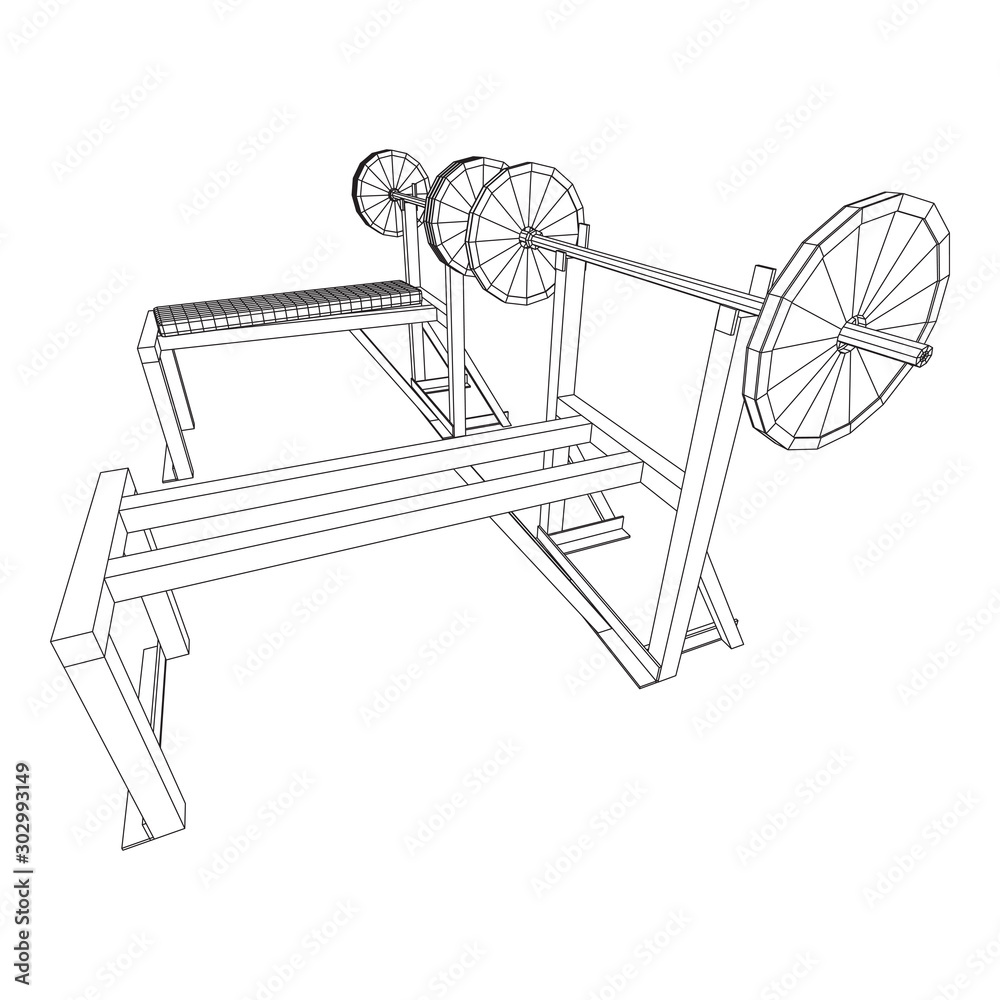 Barbell with weights. Gym equipment. Bodybuilding, powerlifting, fitness concept. Wireframe low poly mesh vector illustration.