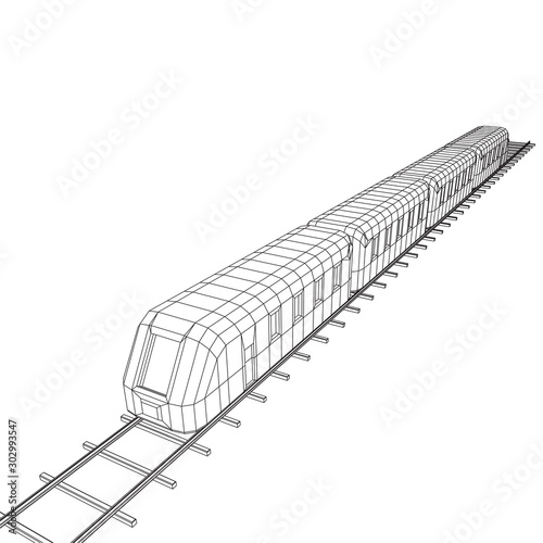 Modern high speed train on straight rails. Railway wireframe low poly mesh vector illustration