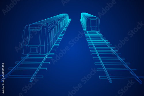Modern high speed train on straight rails. Railway wireframe low poly mesh vector illustration