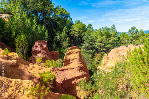 Roussillon, red rocks of Colorado colorful ochre canyon in Provence, France.