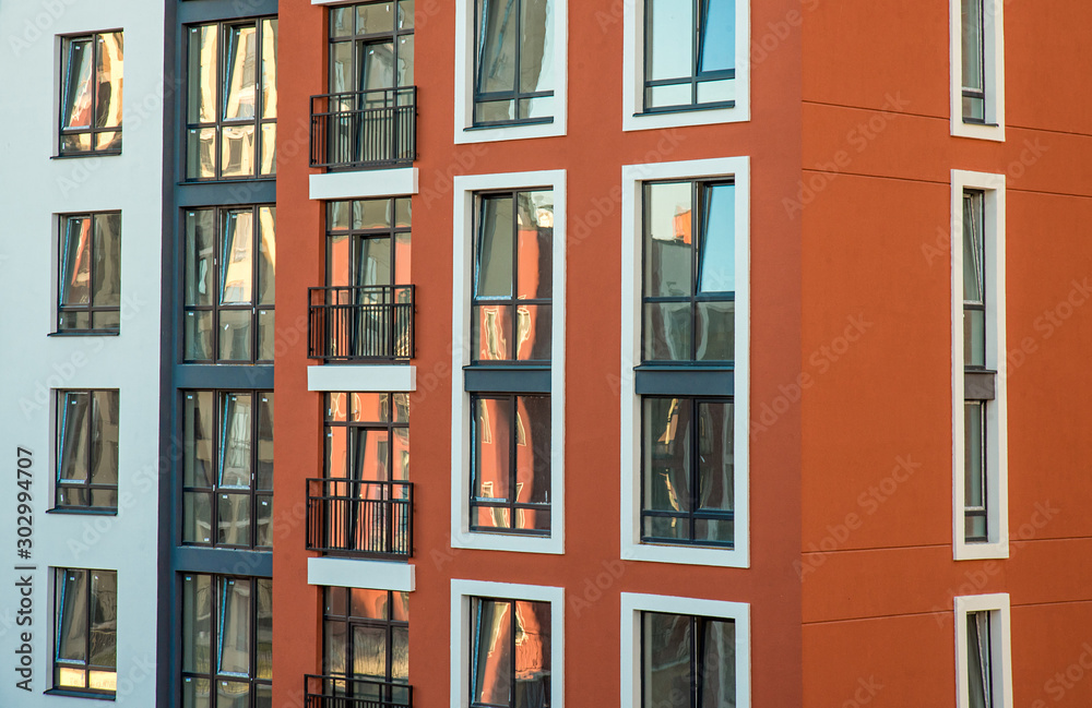 Close up of multistory multicolored apartment home