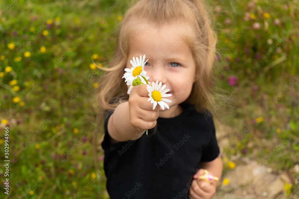 Portrait of little girl holding chamomile flowers in hand Portrait of little girl holding chamomile flowers in hand