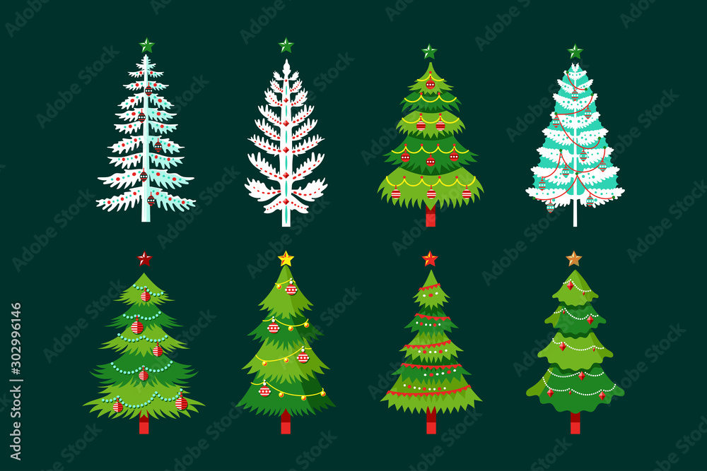 Vector collection of cartoon Christmas tree with snowflake,bulbs and ribbons