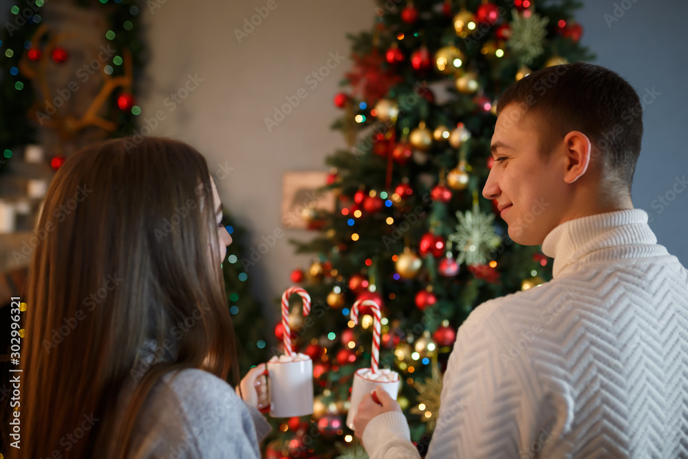 Happy young couple celebrates New Year holiday near decorated Christmas tree at home