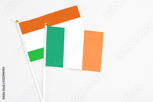 Ireland and Niger stick flags on white background. High quality fabric, miniature national flag. Peaceful global concept.White floor for copy space. photo