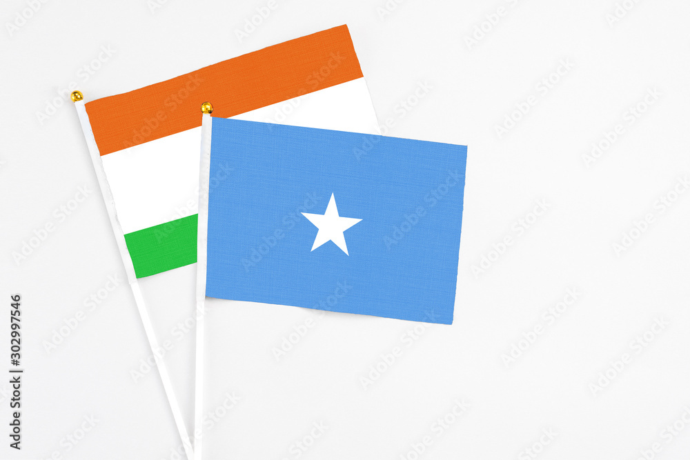 Somalia and Niger stick flags on white background. High quality fabric, miniature national flag. Peaceful global concept.White floor for copy space. Somalia and Niger stick flags on white background. High quality fabric, miniature national flag. Peaceful global concept.White floor for copy space.